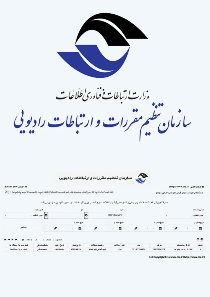 سازمان تنظیم مقررات رادیویی HUU1YT - RICHWAVE - تنها تولیدکننده ریموت کنترل جرثقیل در ایران